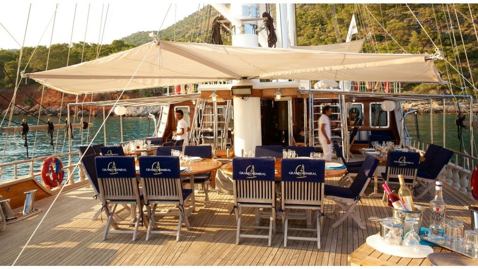 Aft deck dining under the awning on a gulet charter Fethiye yacht