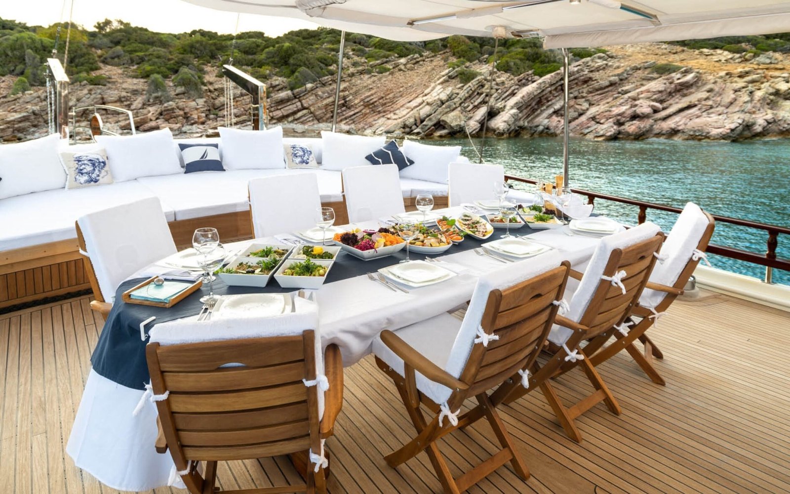 Aft deck laid with mezze aboard a 30m deluxe gulet charter, Bodrum — ED3011