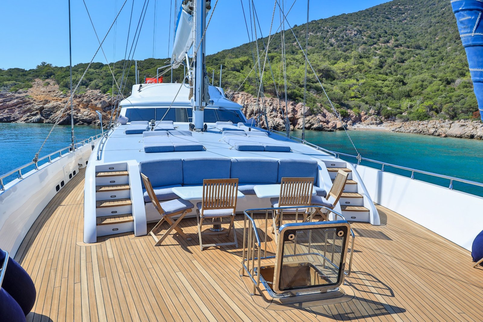 Aft deck teak lounge aboard a 37m gulet charter, Turkish Riviera — CA3713
