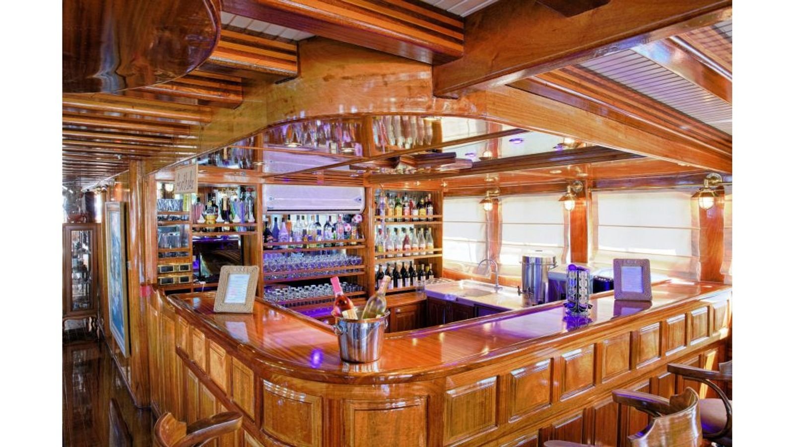 Bar in varnished timber aboard a gulet charter Fethiye vessel