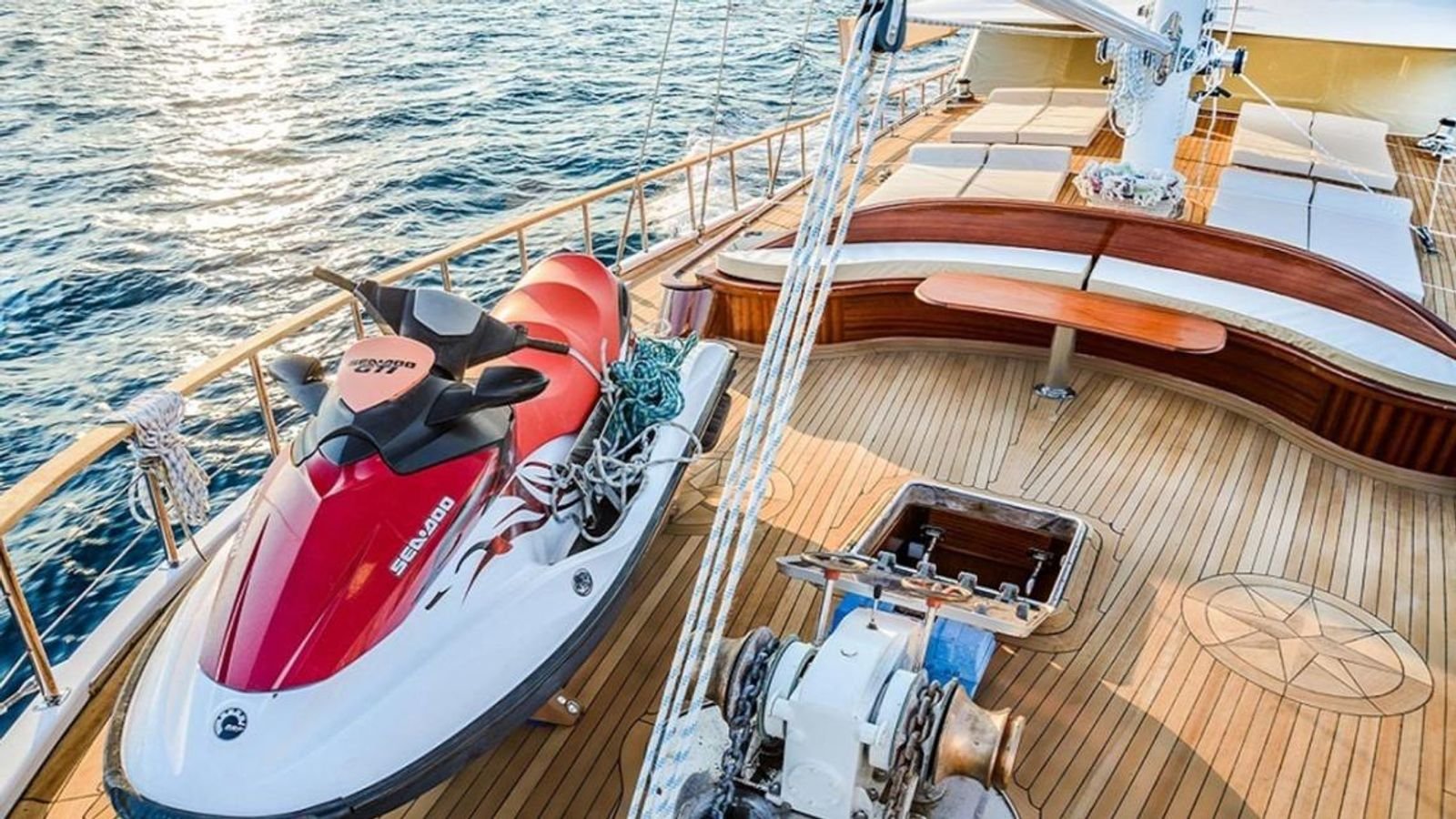Jet ski stowed forward on a traditional gulet charter Bodrum vessel