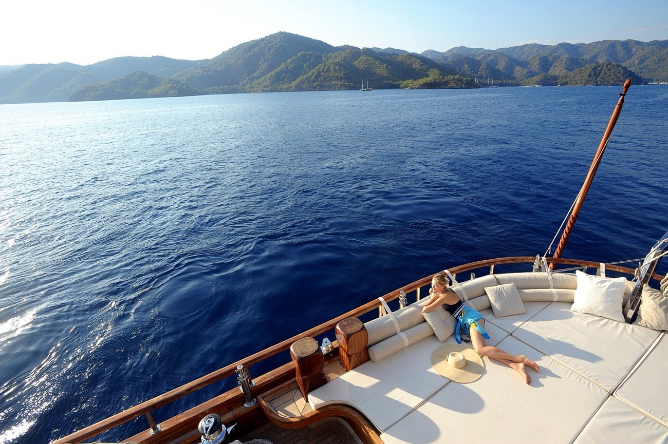Bow sun pads underway aboard a 43m crewed charter yacht, Turkish Riviera — MN4308
