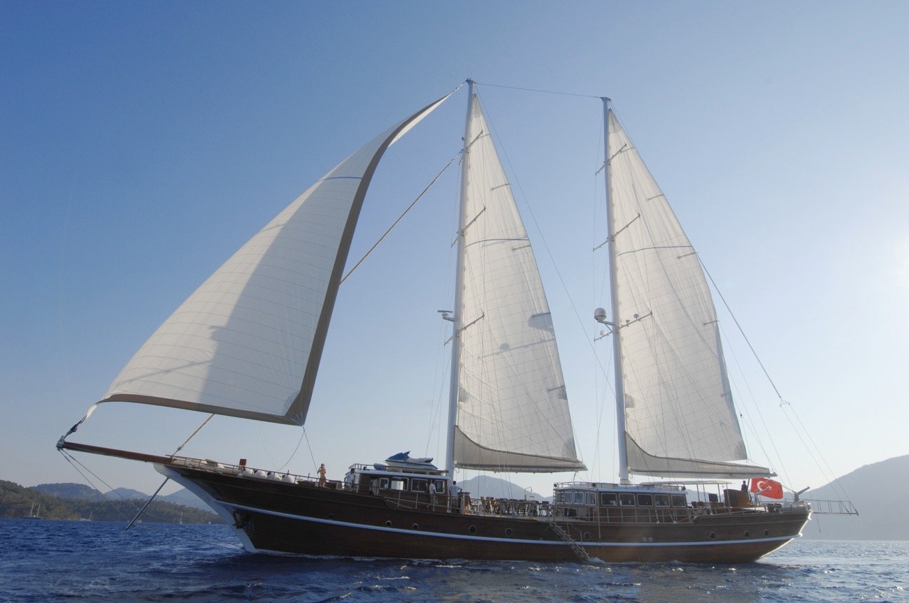 Bow of a 43m deluxe motor sailer under sail off Marmaris, Turkey — luxury gulet charter MN4308
