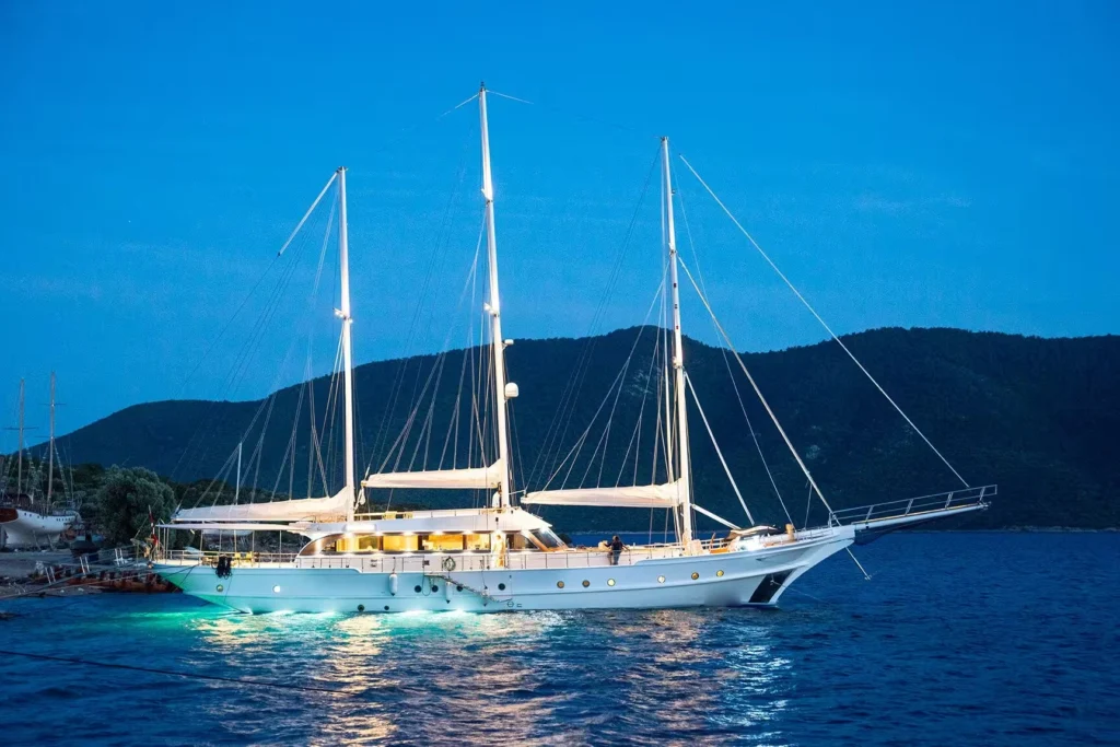 38m VIP gulet at anchor, starboard profile — Bodrum gulet charter BM3808