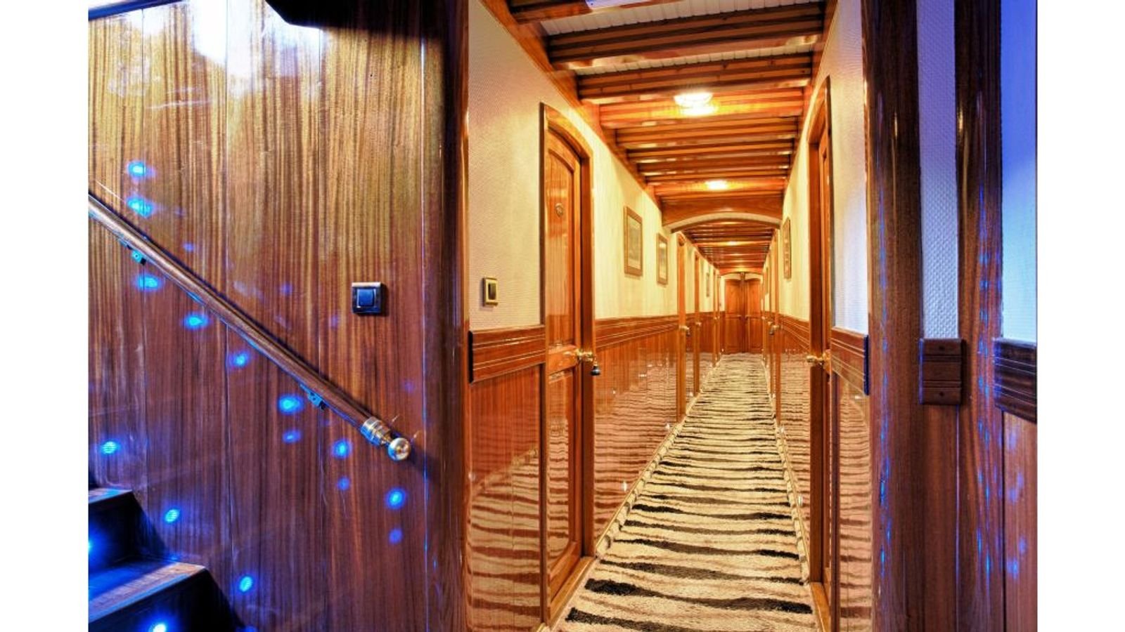Guest corridor under LED lighting on a gulet charter Fethiye vessel