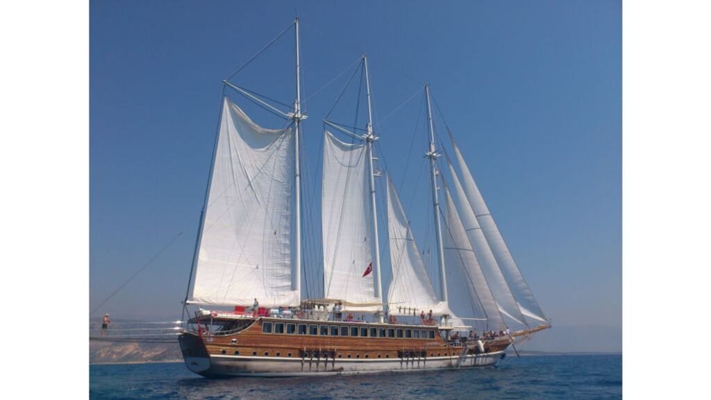 Gulet charter Fethiye: a 46m three-masted schooner under full sail on the Turkish coast
