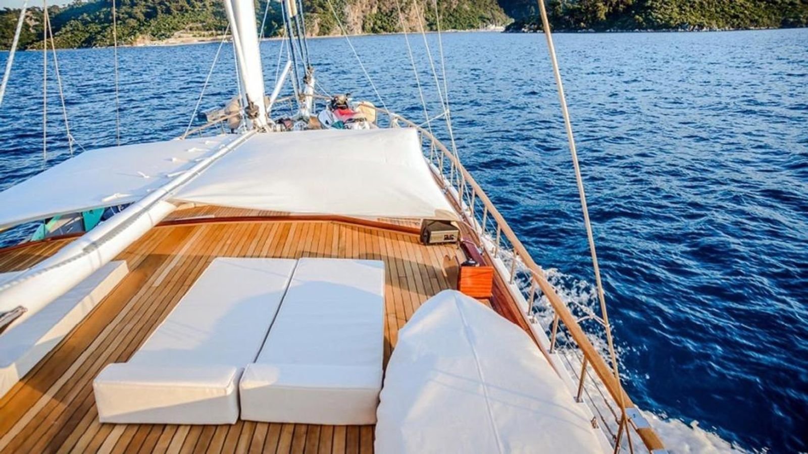 Foredeck sun mattresses under way on a traditional gulet charter Bodrum yacht