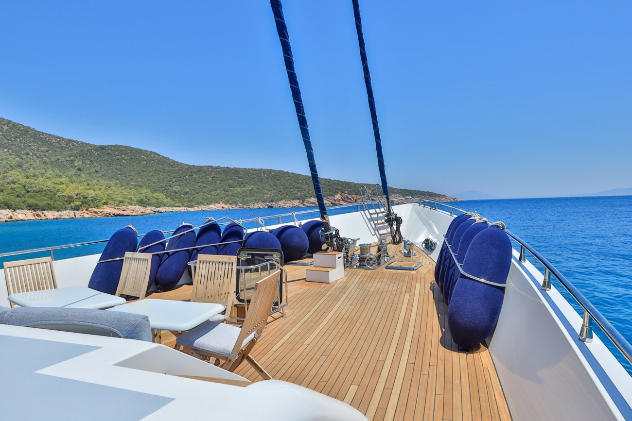 Foredeck sun pads aboard a 37m private gulet charter in Bodrum — CA3713