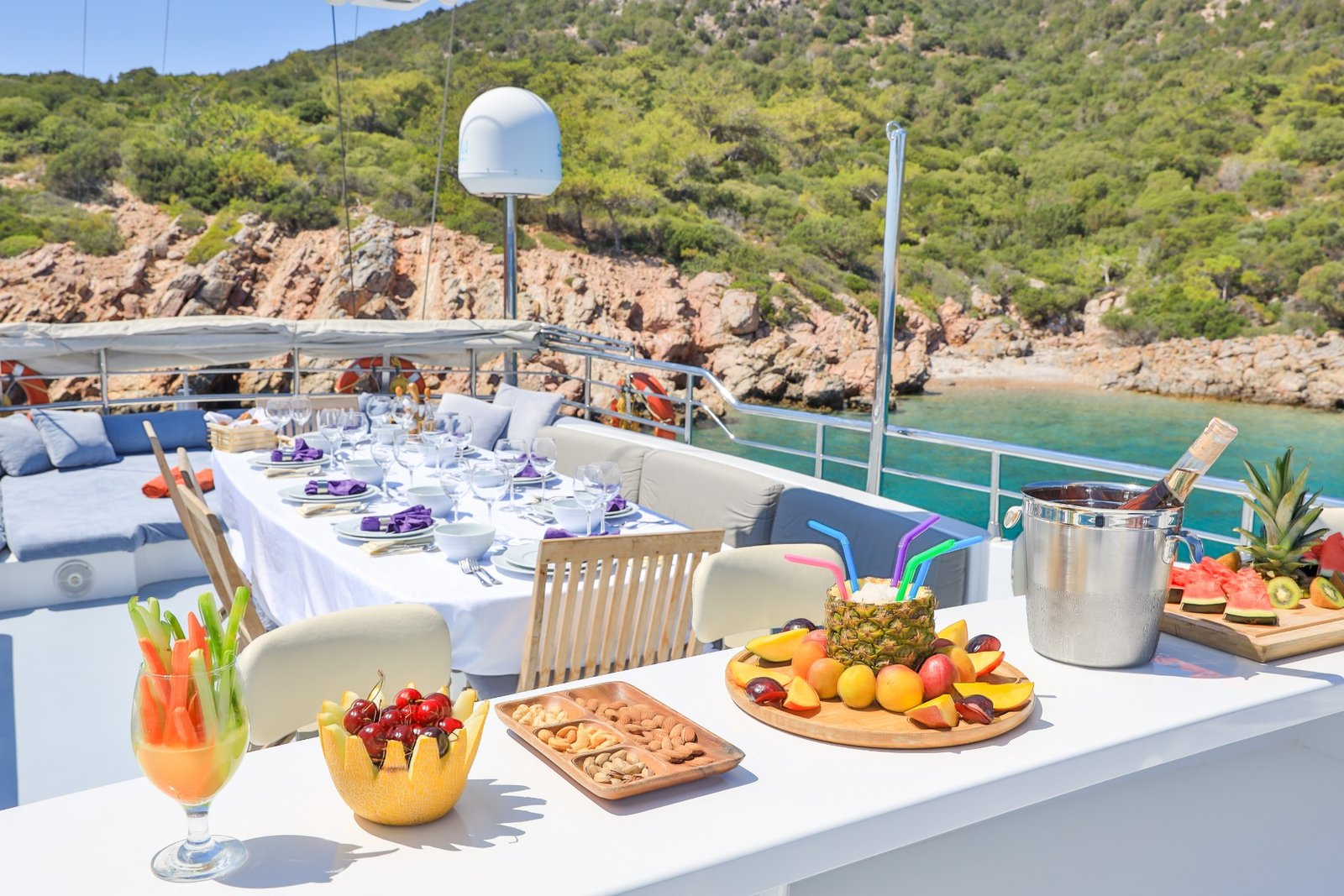 Mezze and fruit platters aboard a 37m crewed gulet charter in Bodrum — CA3713