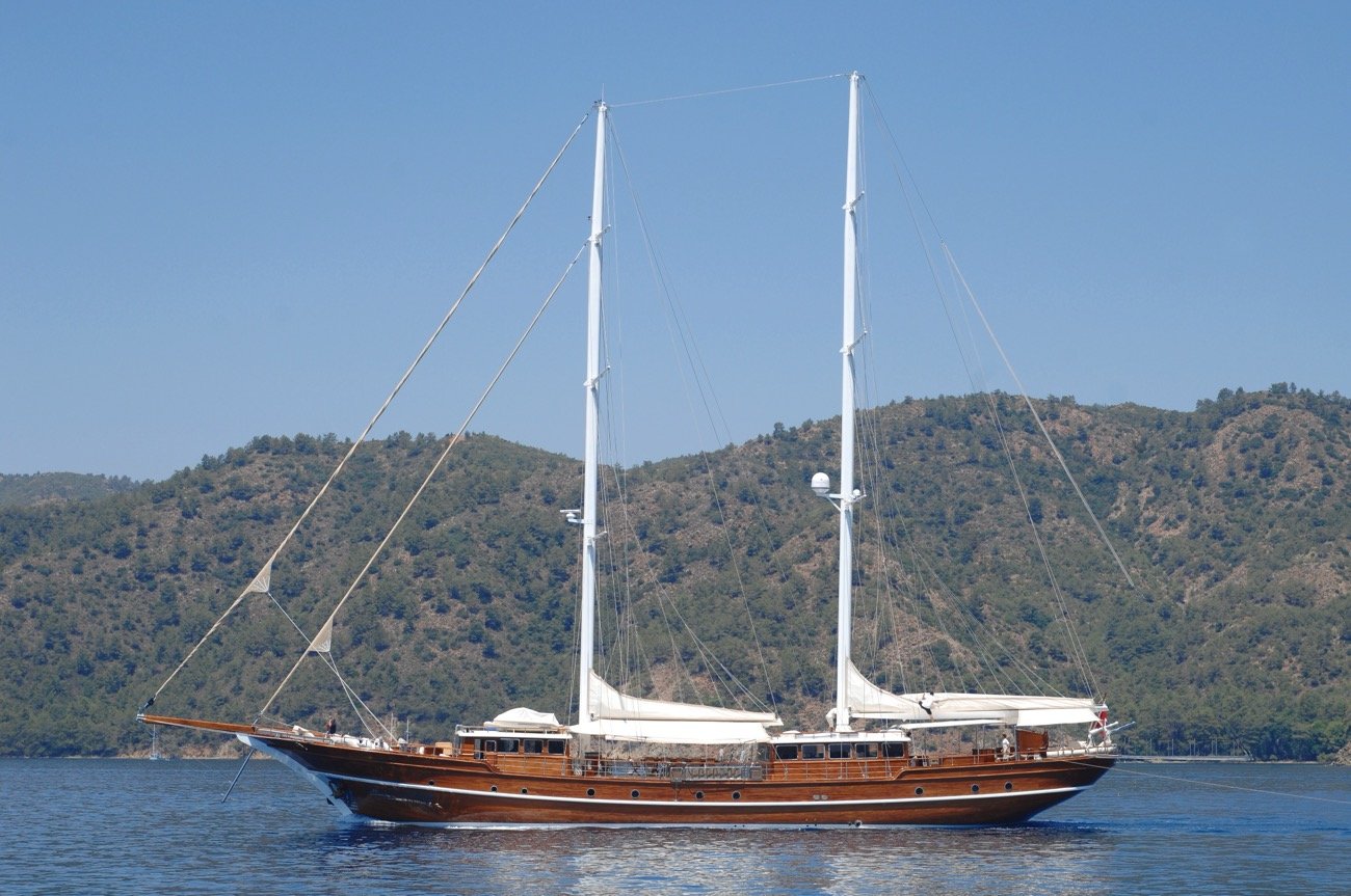 Profile of a 43m motor sailer at anchor on the Turkish Riviera — luxury gulet charter MN4308