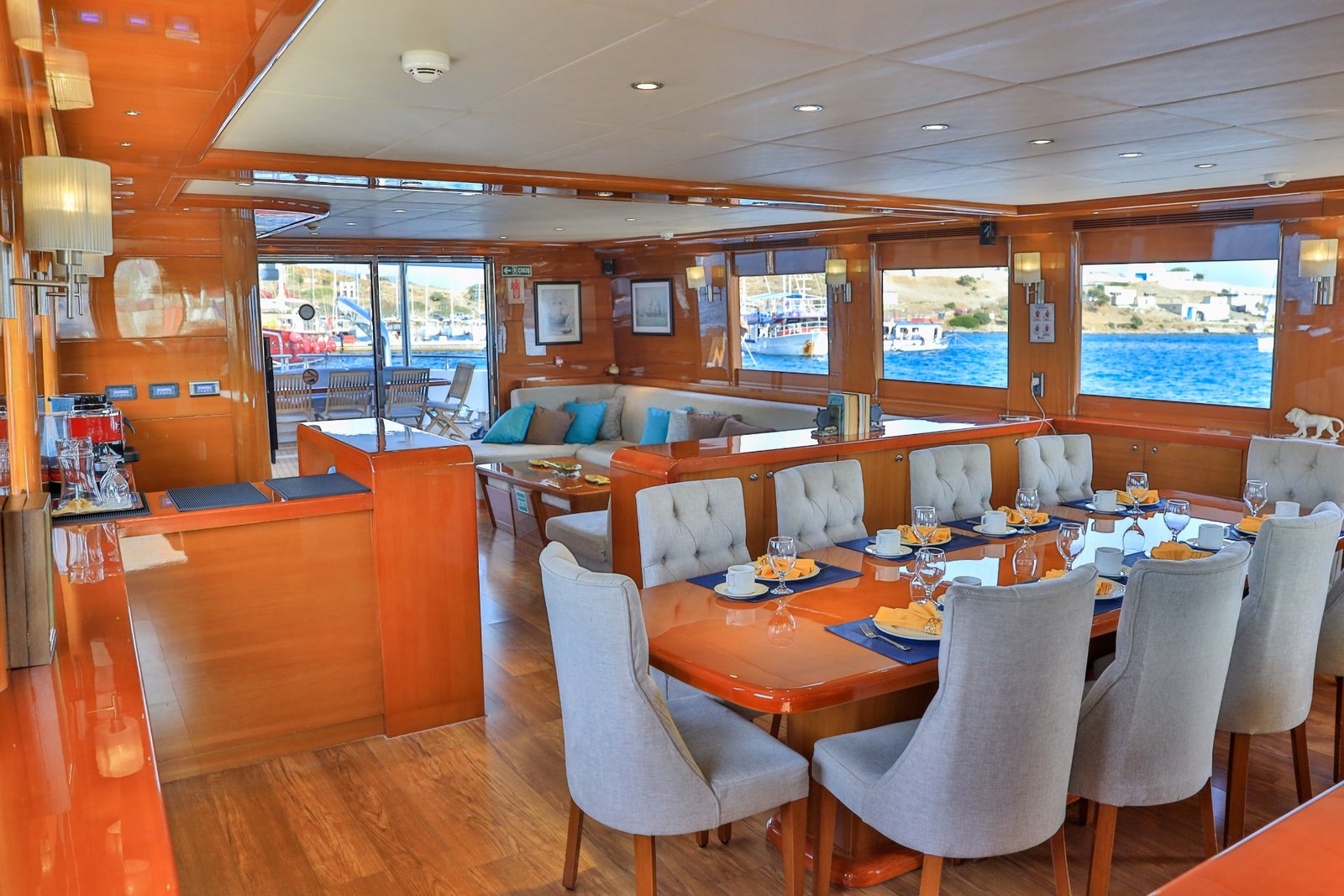 Indoor saloon dining aboard a 37m gulet charter for 12 guests — CA3713