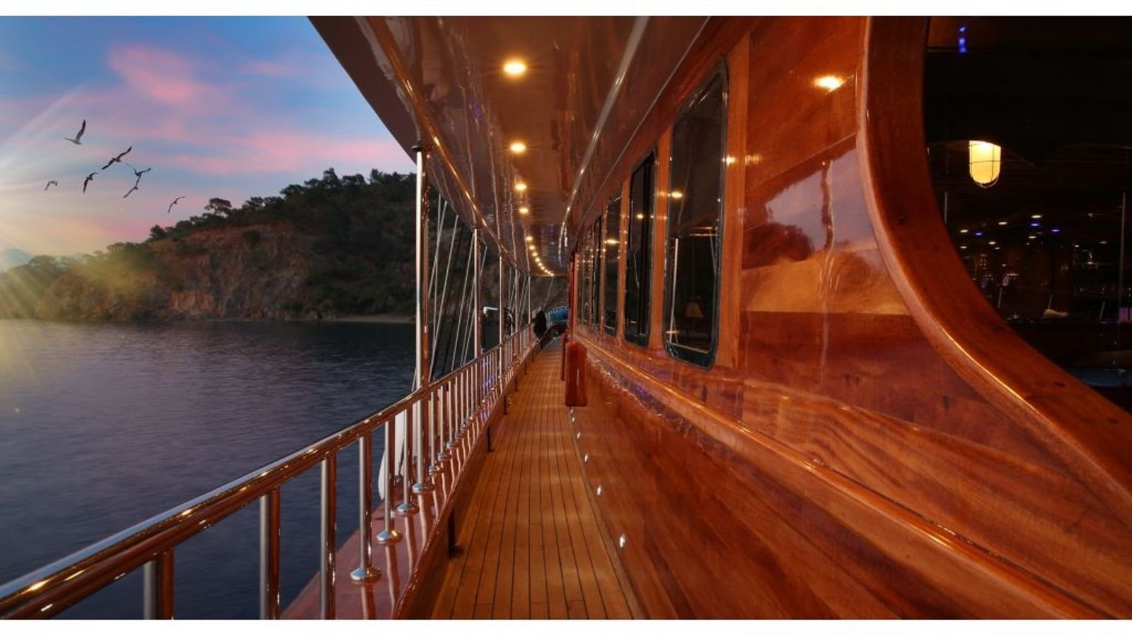 Varnished side deck at dusk on a gulet charter Fethiye vessel