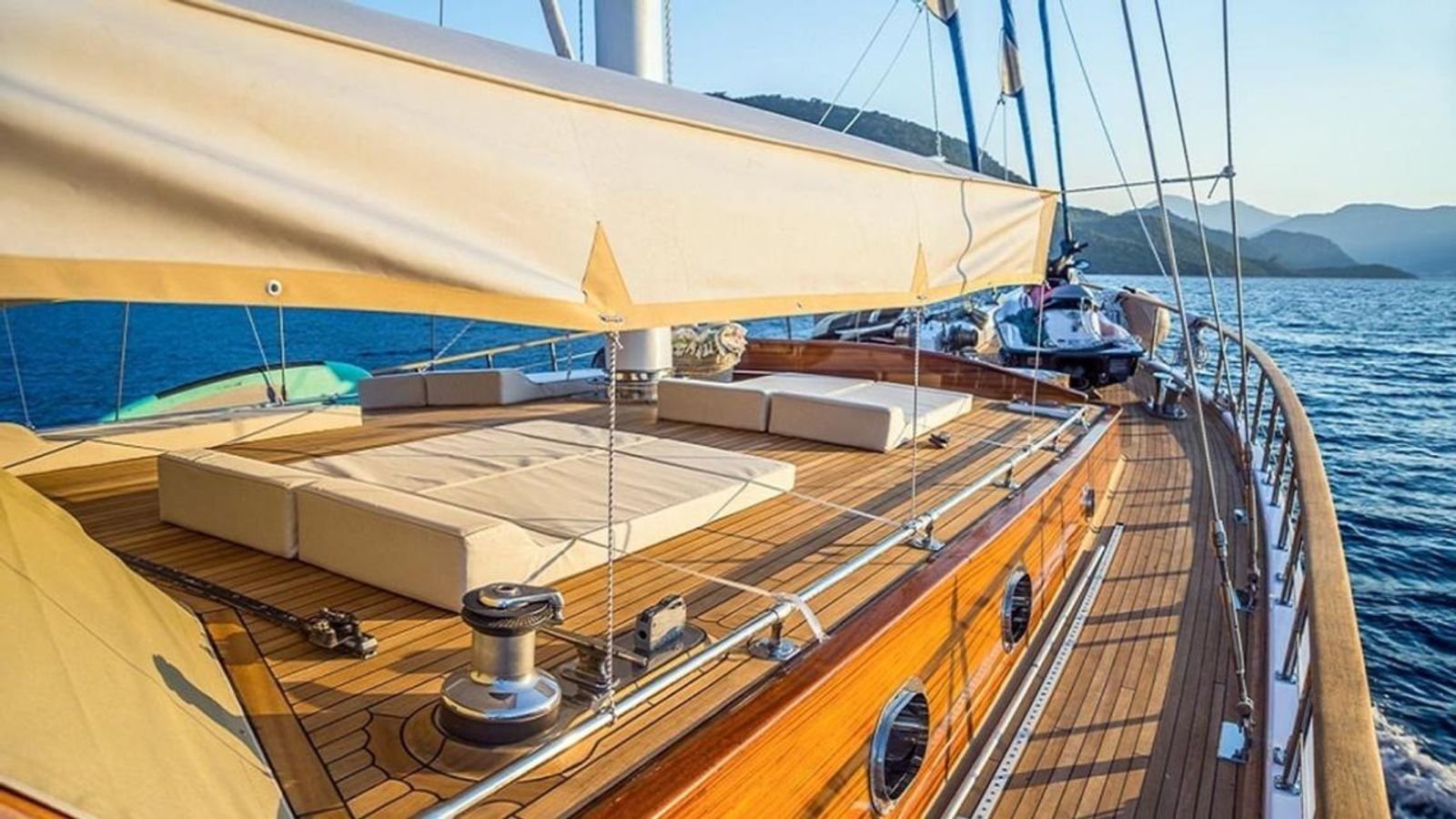 Side deck under the awning on a traditional gulet charter Bodrum vessel