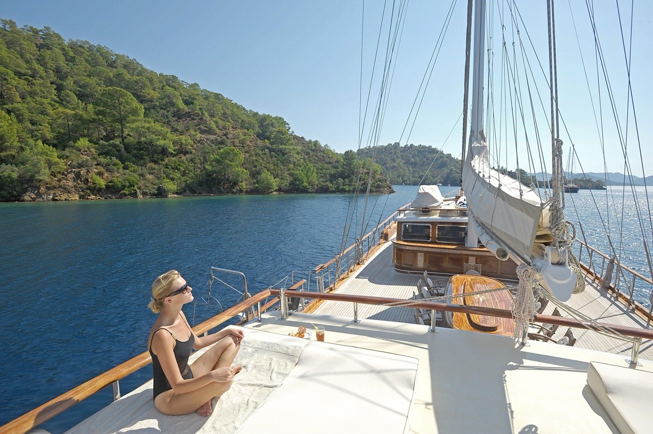 Sun deck relaxation aboard a 43m luxury gulet charter, Marmaris and Göcek — MN4308