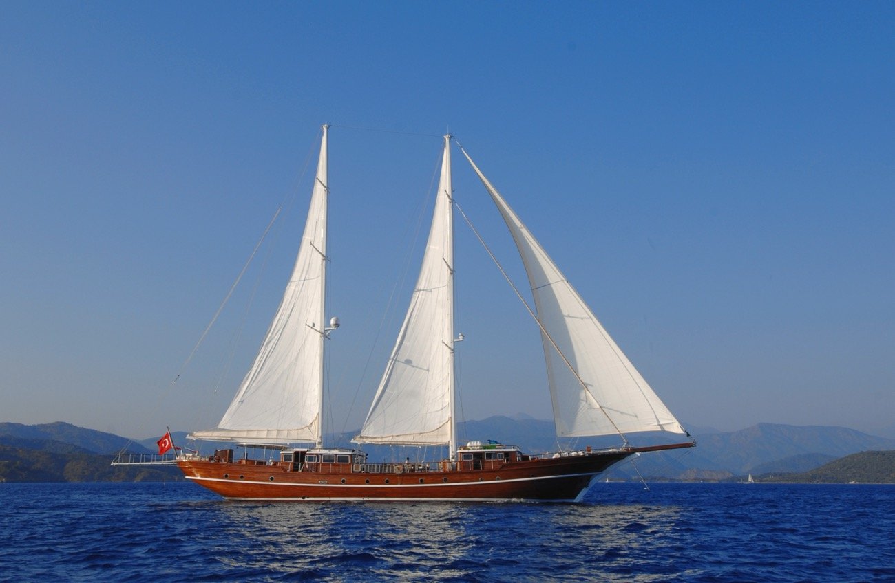 Ultra luxury gulet charter Marmaris — 43m motor sailer under full sail — Aquinox MN4308