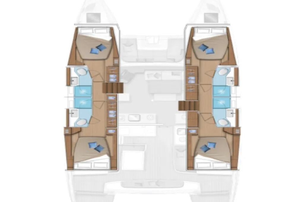General arrangement drawing of the four-cabin Lagoon 46 catamaran charter layout used in Gocek