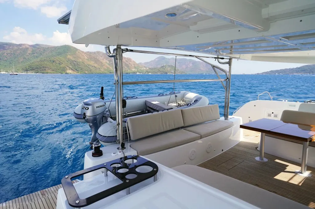 Aft cockpit and folding table of a Lagoon 46 catamaran charter in Marmaris