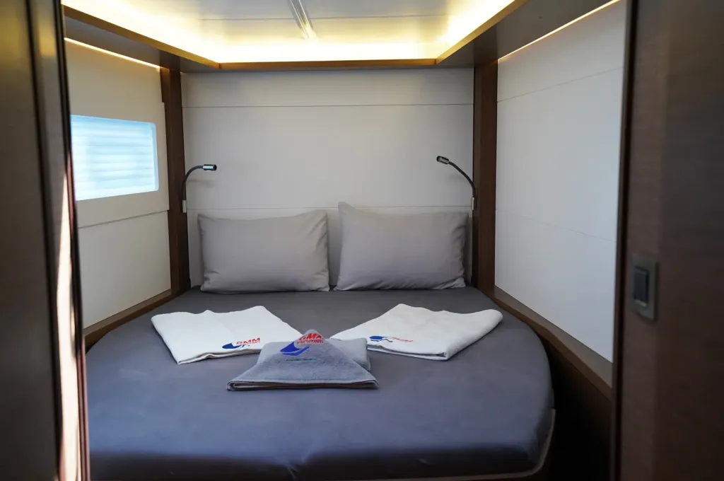 Second double cabin aboard a Lagoon 46 charter catamaran in Marmaris, made up with fresh linen