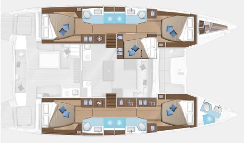 Marmaris'te Lagoon 50 katamaran kiralama için beş kabinli genel düzenleme