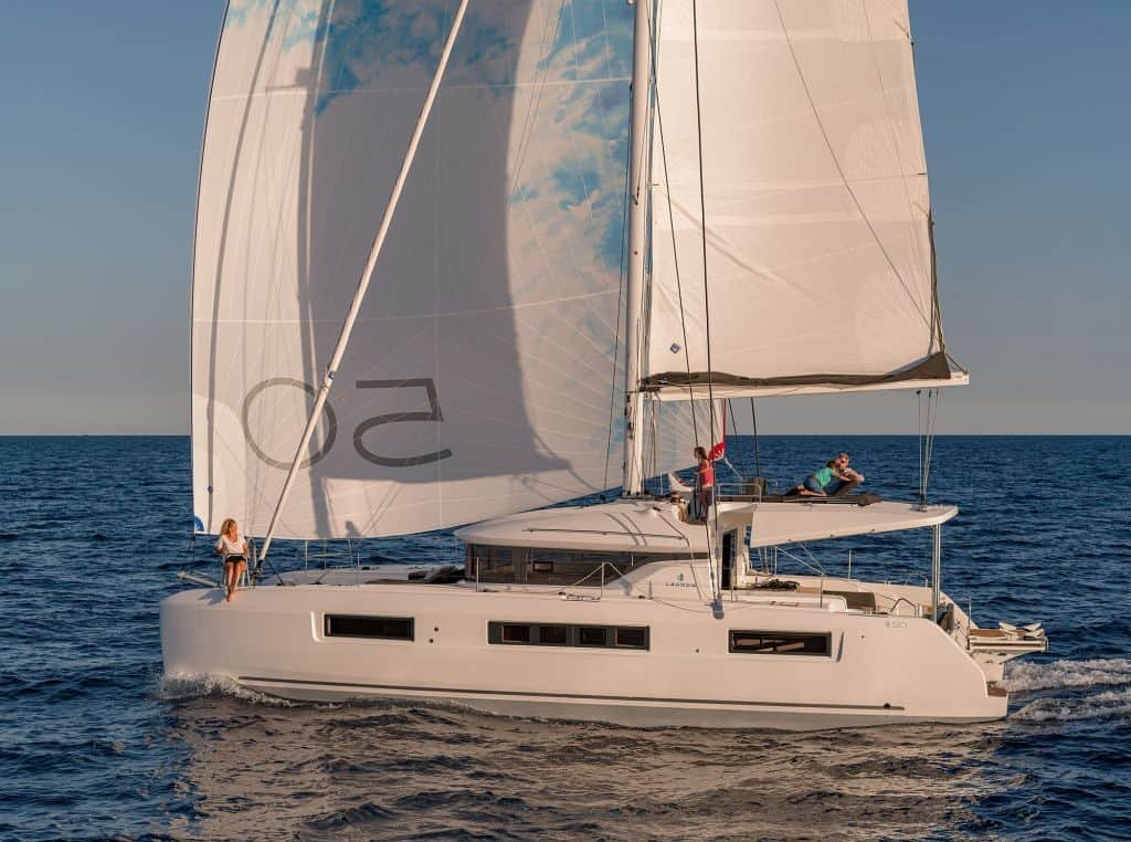 Lagoon 50 catamaran charter Marmaris under full main and genoa on open water