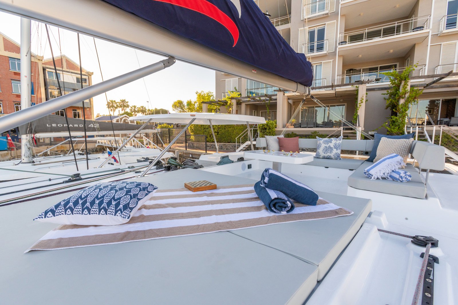 Foredeck trampolines and sun loungers on a Leopard 52 catamaran charter Fethiye
