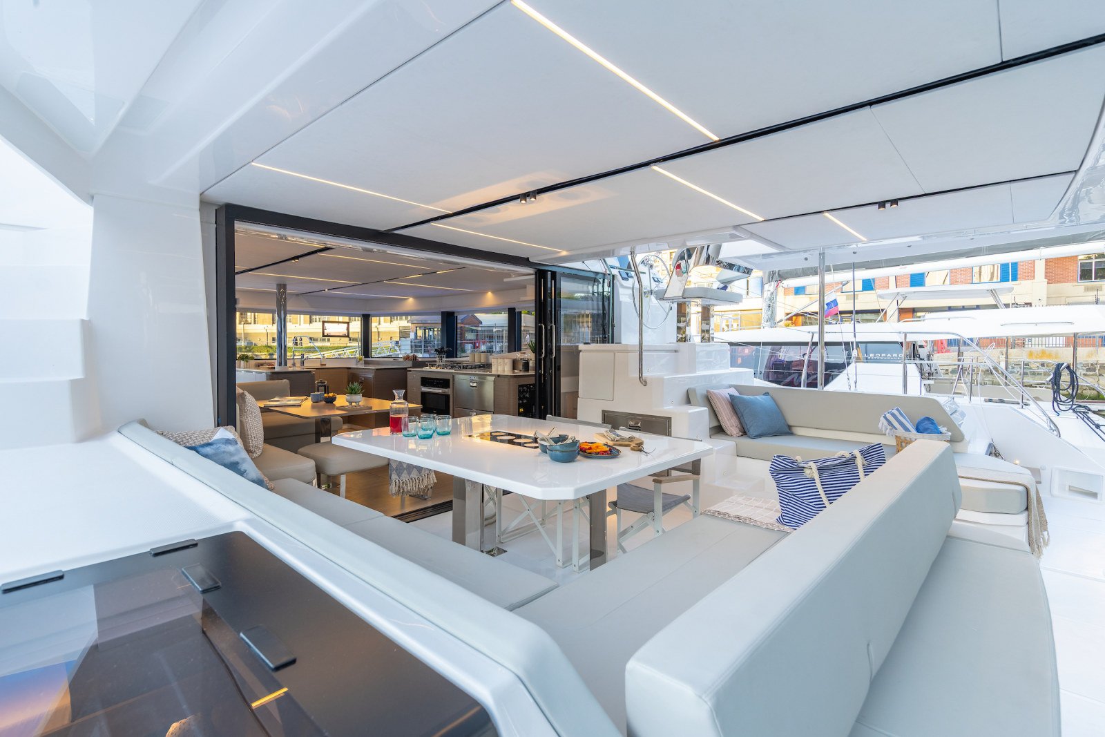 Cockpit dining aboard a Leopard 52 catamaran charter Fethiye