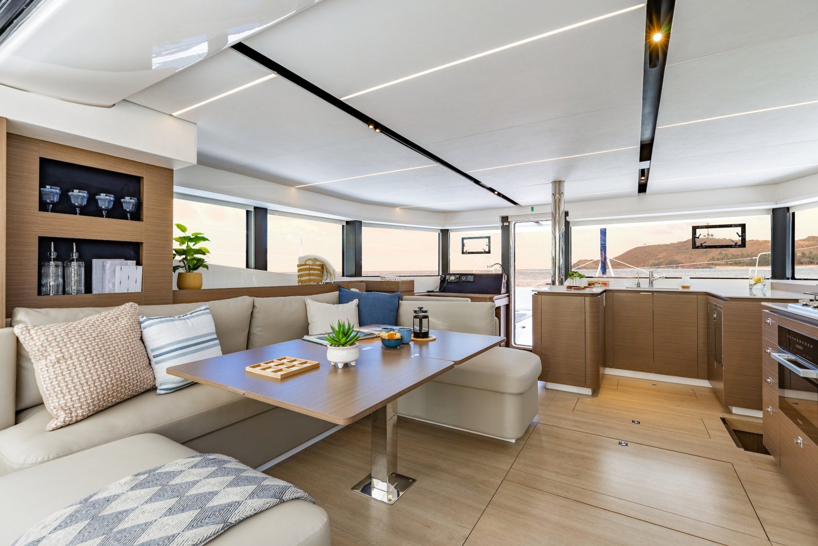 Main saloon settee aboard a Leopard 52 catamaran charter Fethiye