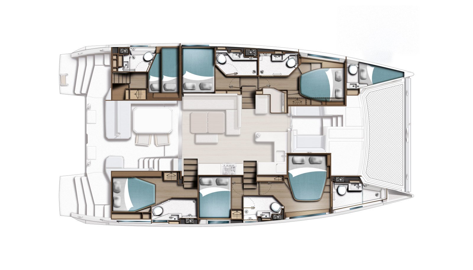 Six-cabin general arrangement of the Leopard 52 catamaran charter Fethiye