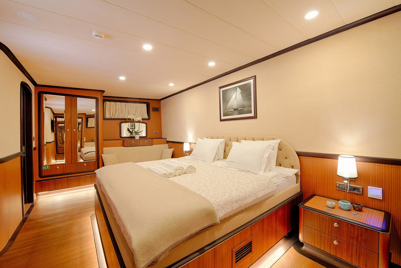 Bow master cabin aboard a 39m luxury gulet charter in Turkey