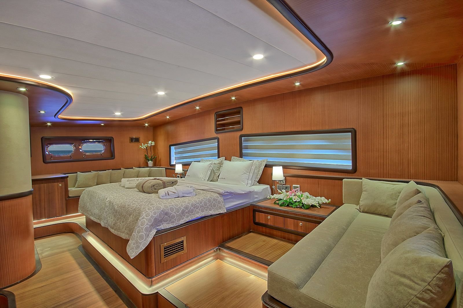 Aft master cabin with sofa seating aboard a luxury gulet charter in Bodrum