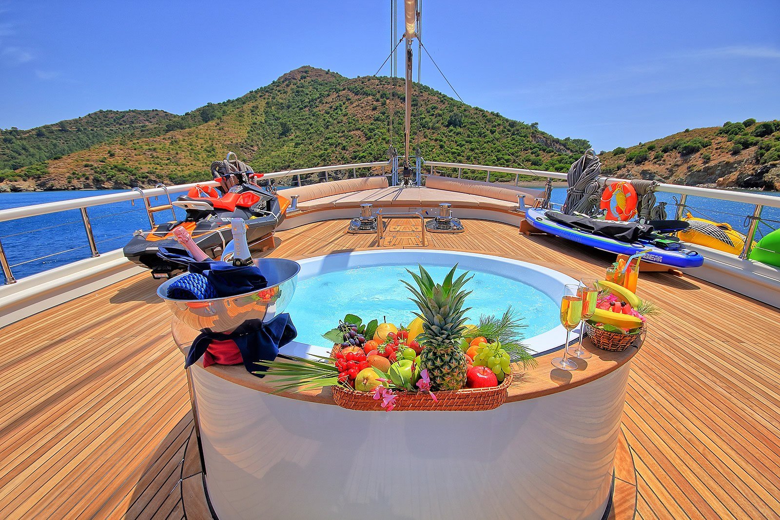 Foredeck jacuzzi and water toys aboard a 39m luxury gulet charter in Bodrum