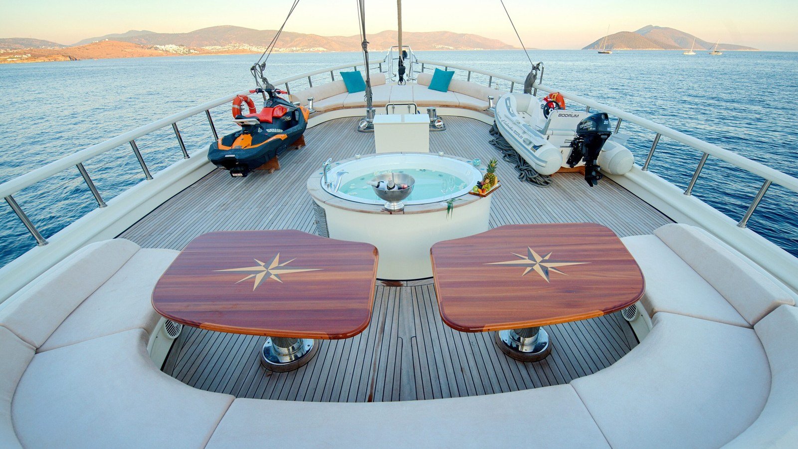 Foredeck seating and low tables aboard a luxury gulet in Turkey