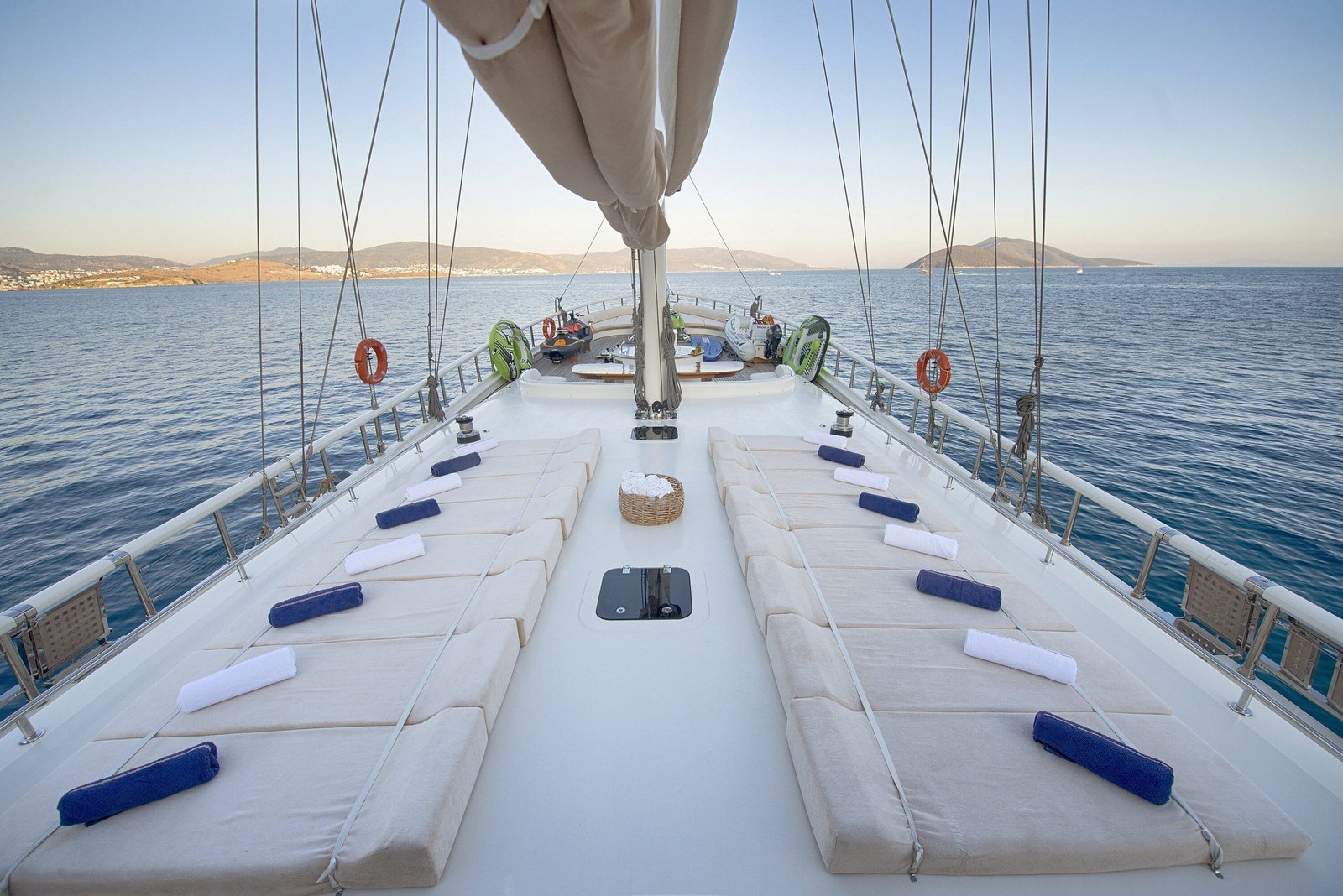 Foredeck sun mattresses aboard a 39m luxury gulet charter in Bodrum