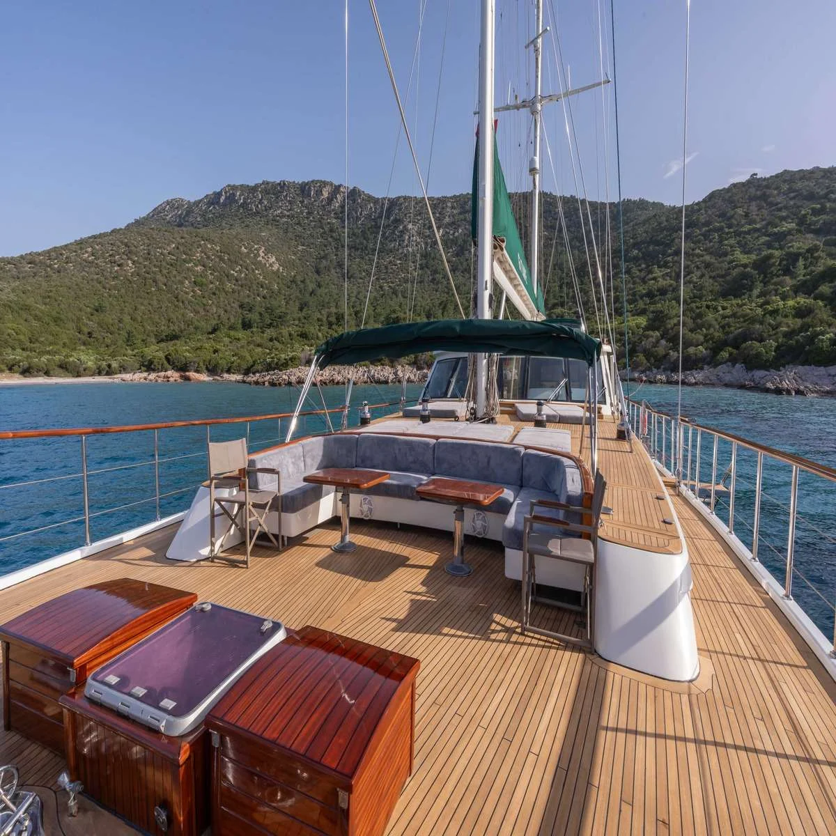 Sun deck and jacuzzi seating on a luxury motor sailer charter Bodrum yacht