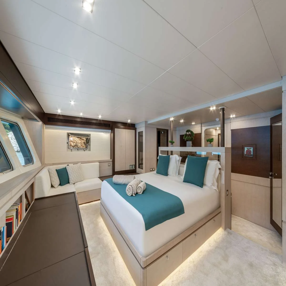 Master stateroom with panoramic windows on a luxury motor sailer charter Bodrum vessel