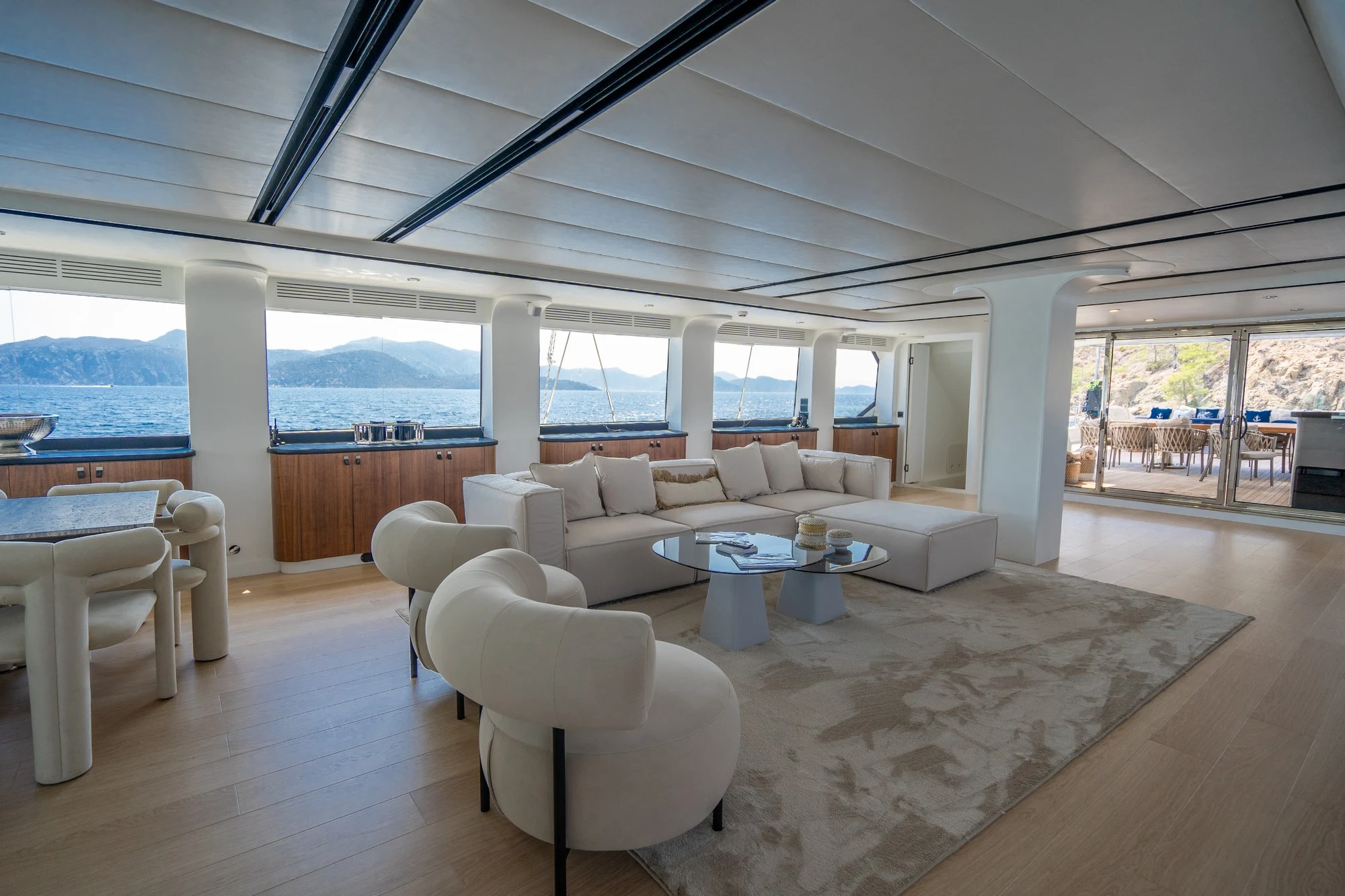 Luxury motor sailer DL5024 formal saloon lounge with panoramic windows