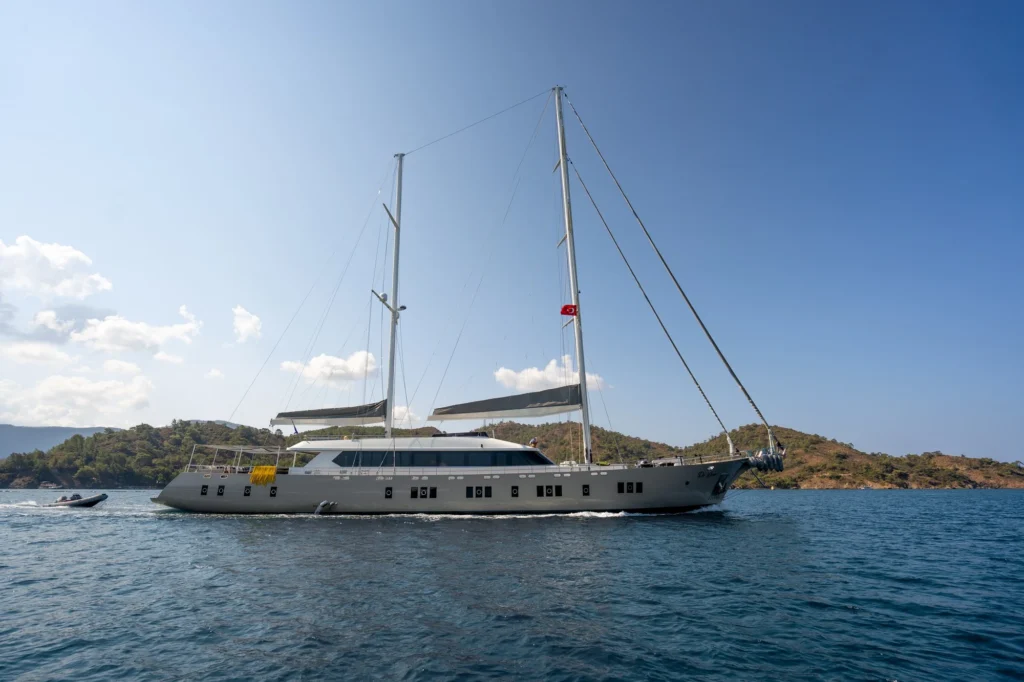 Luxury motor sailer DL5024 underway off the Turkish coast