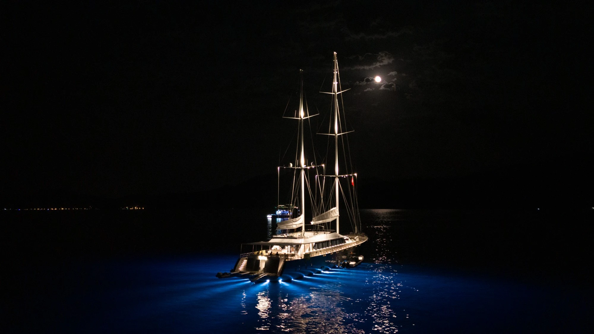 DL5024 luxury sailing yacht at anchor under moonlight in Gocek bay