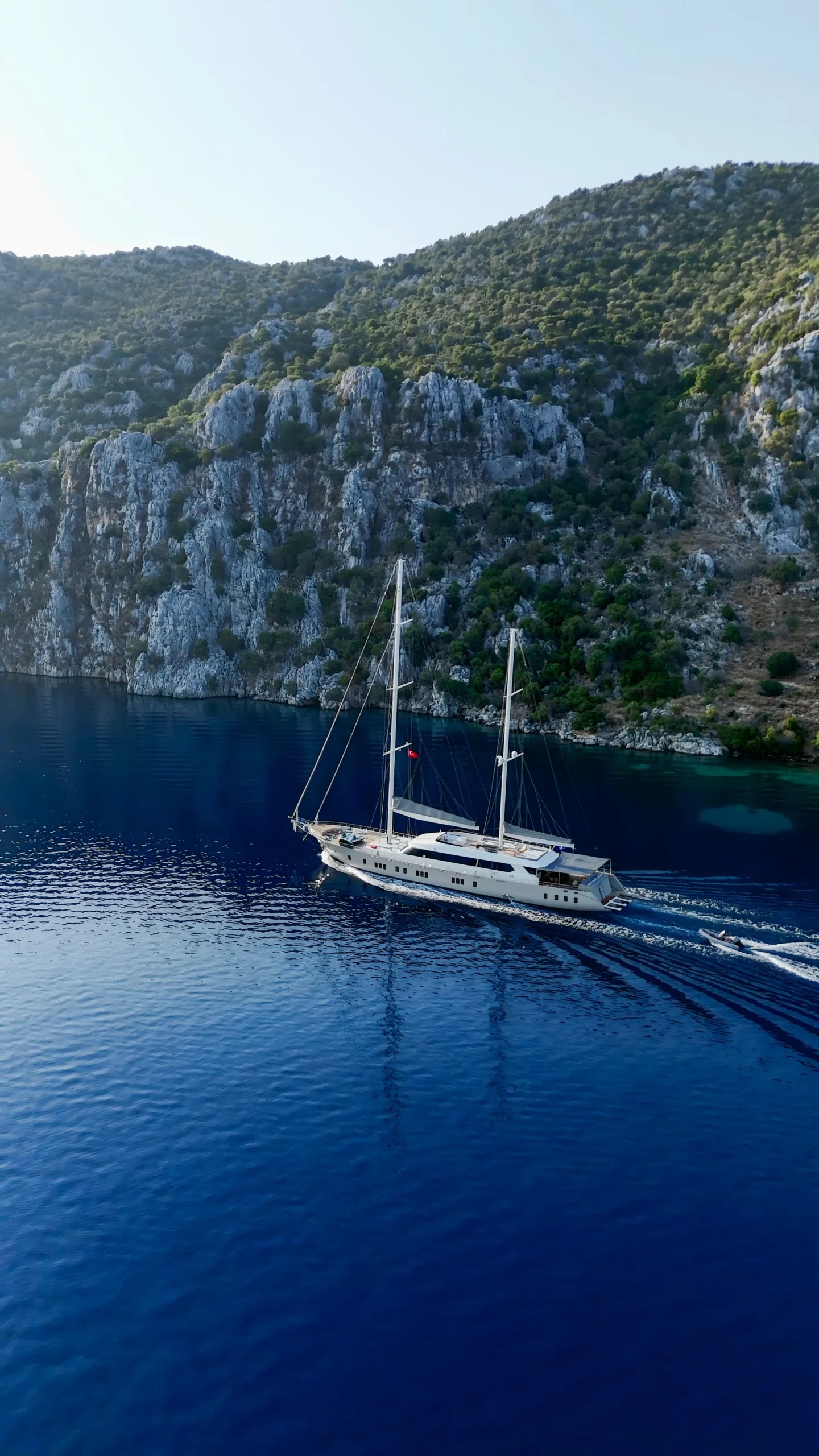 Aerial view of DL5024 gulet style motor sailer cruising the Turkish riviera