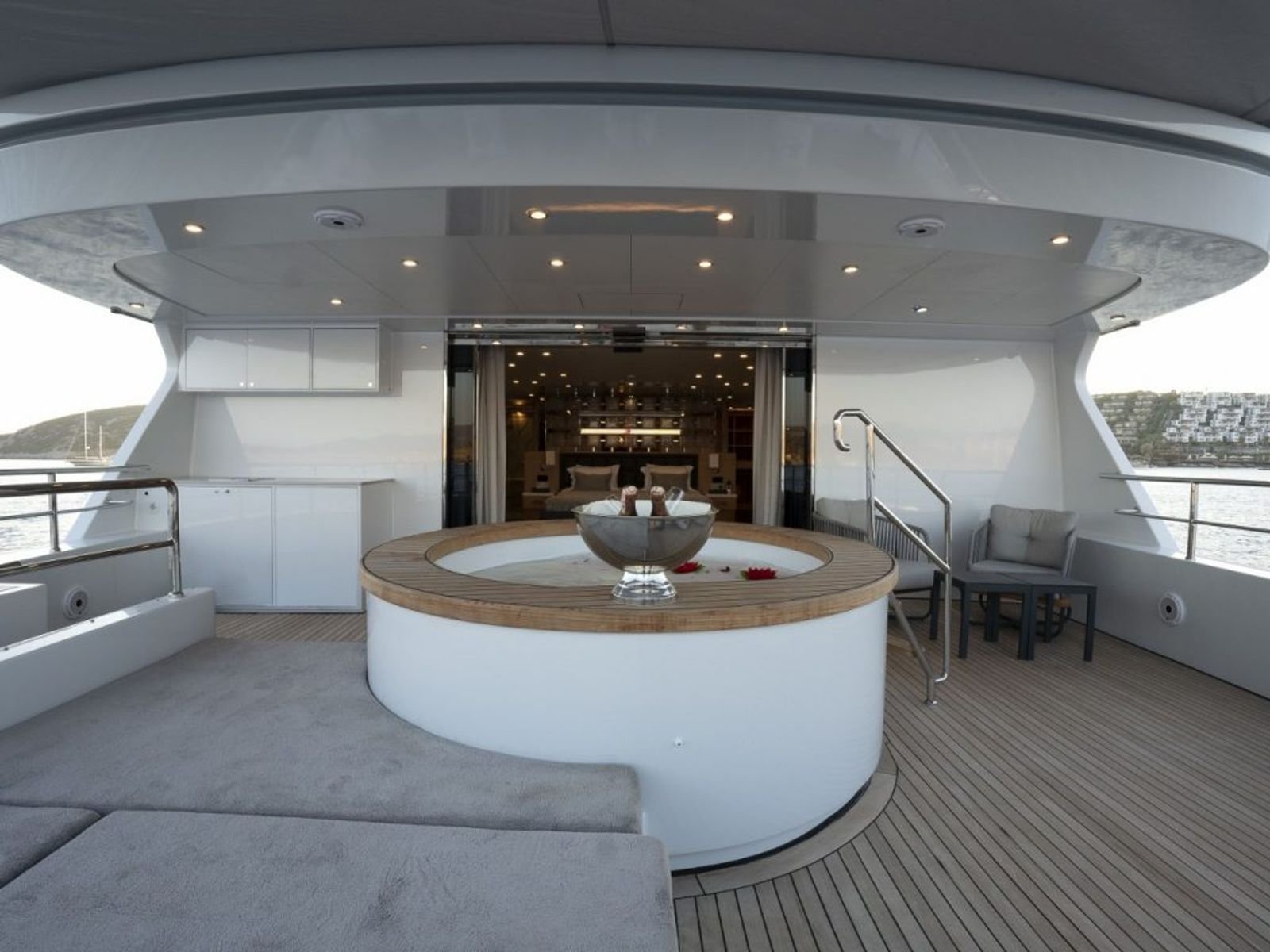 Circular deck jacuzzi aboard a 42m luxury motor yacht charter in Turkey