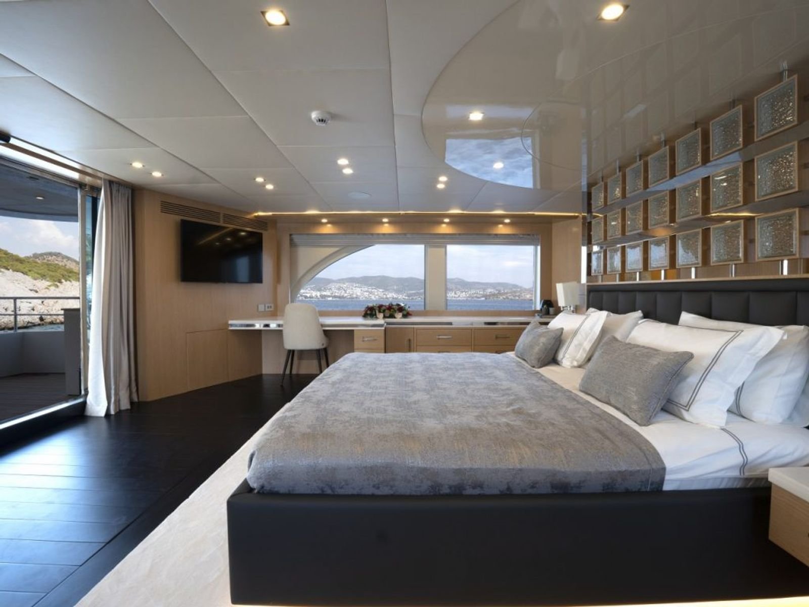 Full-beam master suite aboard a 42m luxury motor yacht charter in Turkey