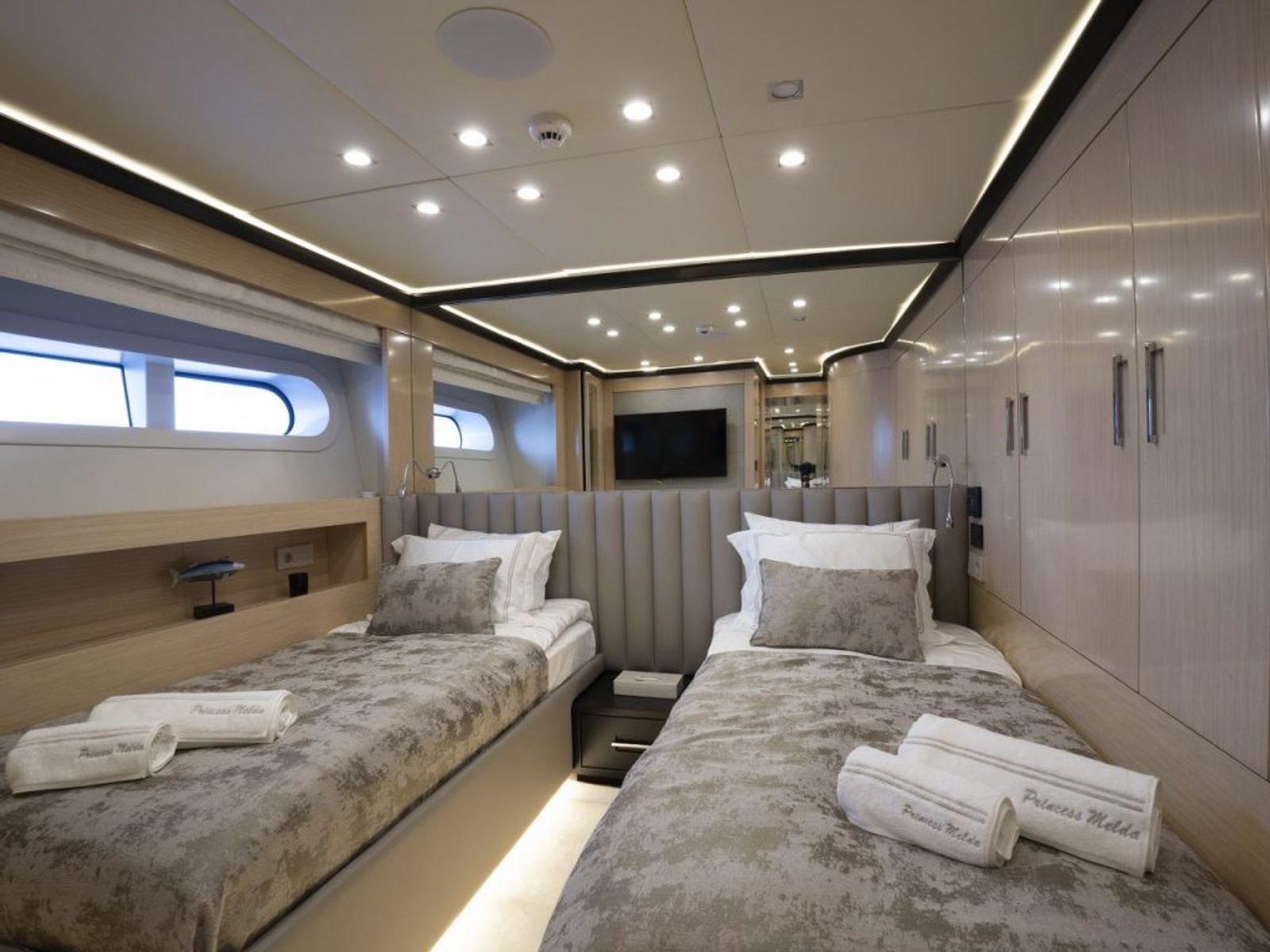 Twin guest cabin aboard a luxury motor yacht charter in Turkey