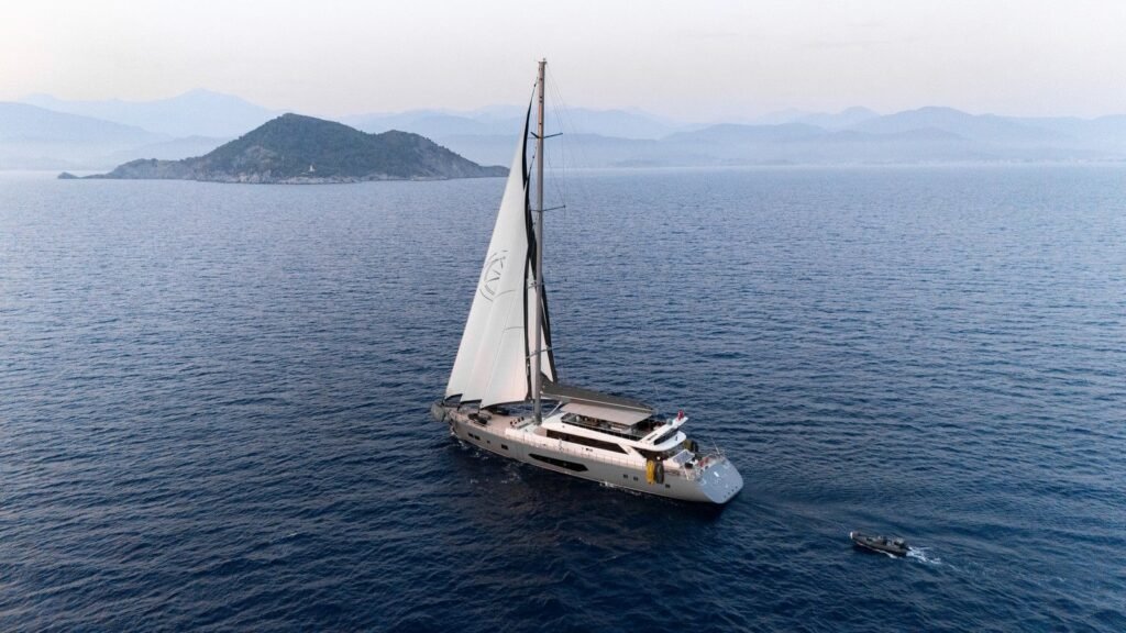 Luxury sailing yacht charter Gocek: 47m motor sailer under full sail off the Turkish coast