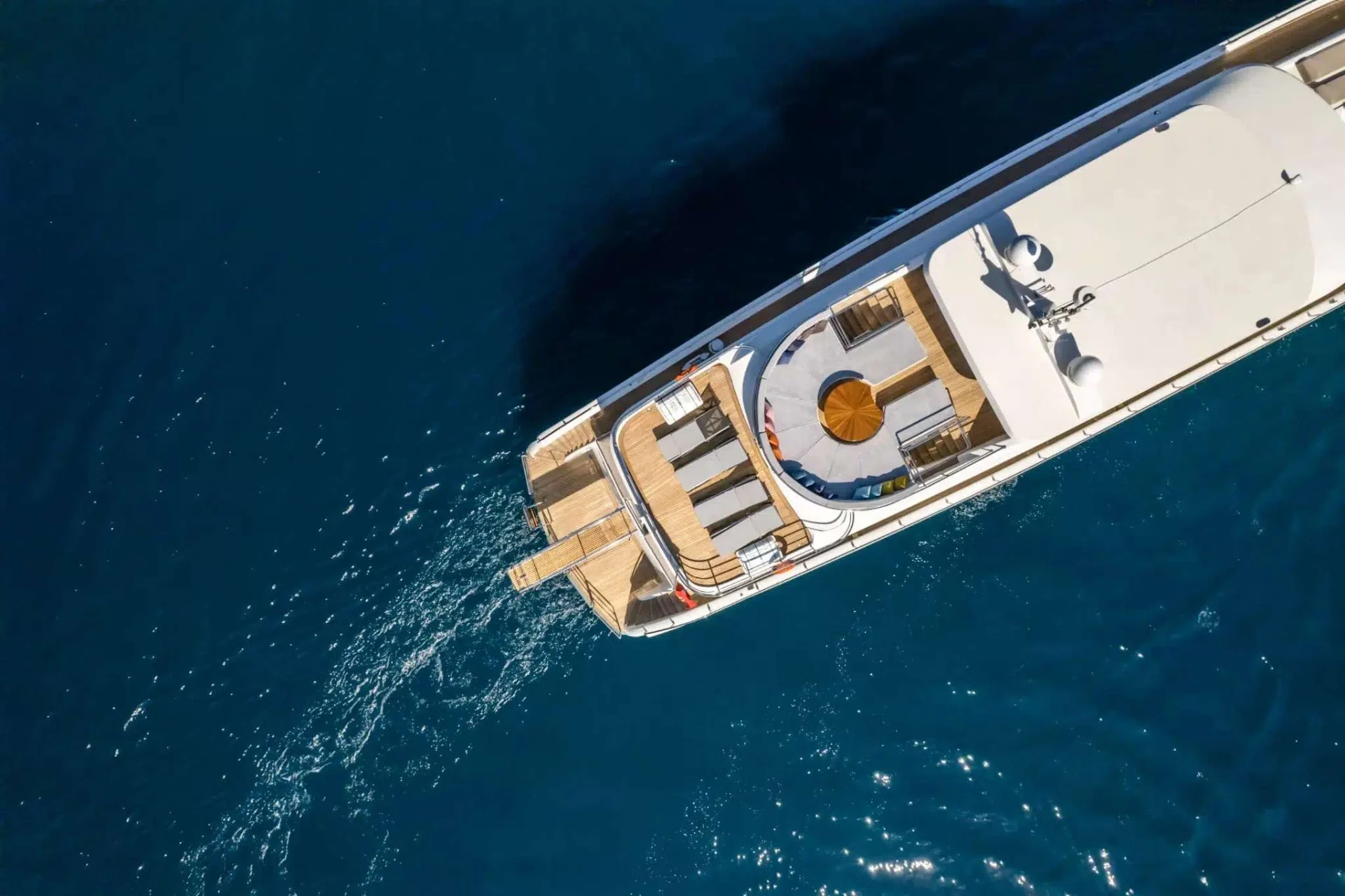 Sun deck with jacuzzi seen from above on a luxury yacht charter Marmaris motor yacht