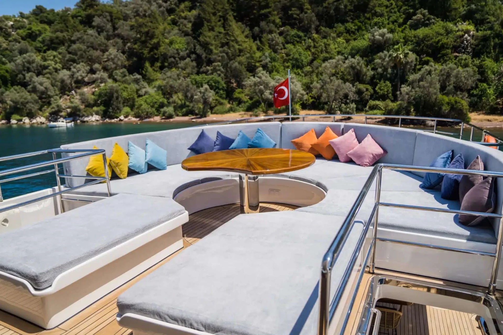 Foredeck sun pads and seating on a 39m luxury yacht charter Marmaris motor yacht