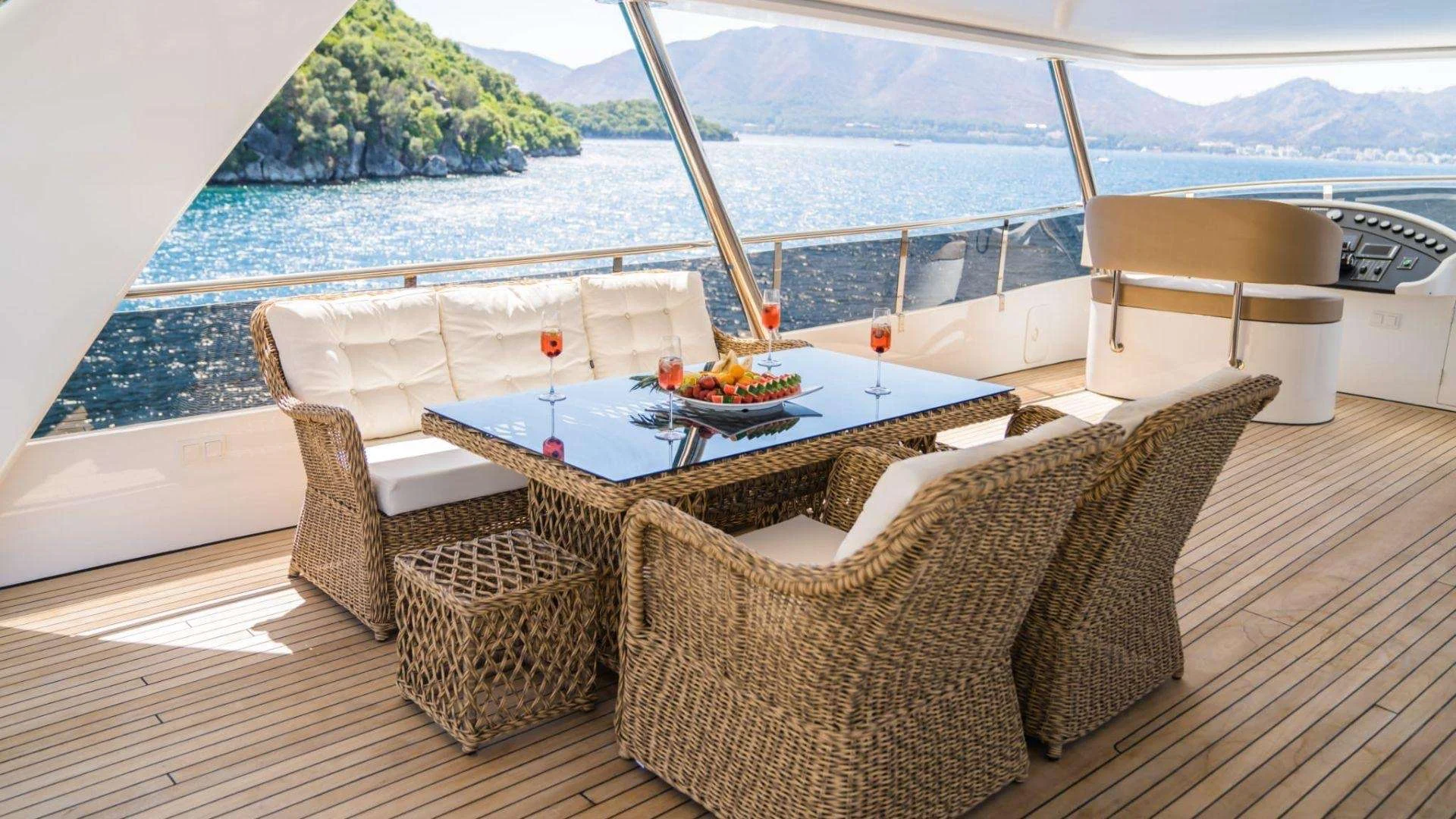 Sky lounge seating and upper helm on a luxury yacht charter Marmaris motor yacht