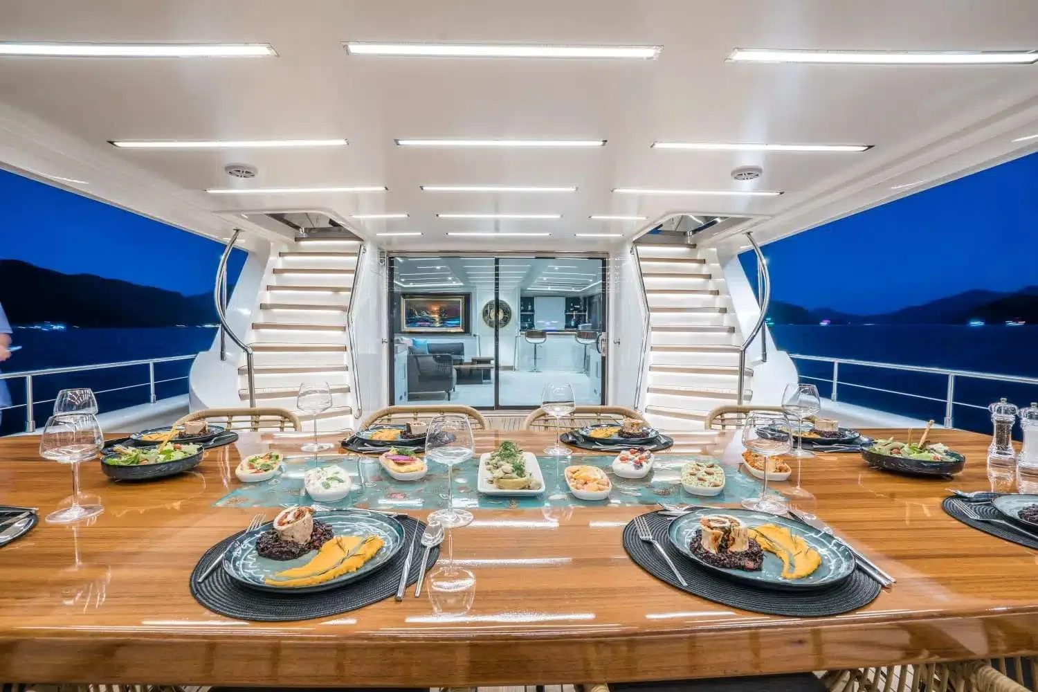 Aegean dinner service on the aft deck of a luxury yacht charter Marmaris motor yacht