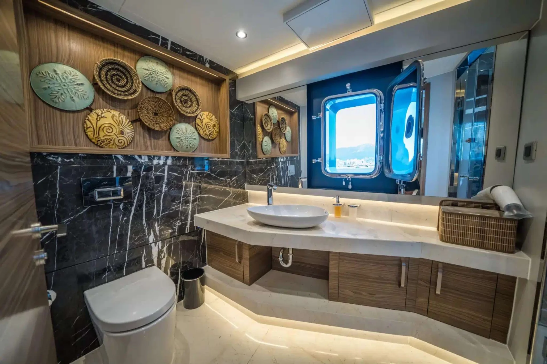 Marble en-suite bathroom aboard a luxury yacht charter Marmaris motor yacht