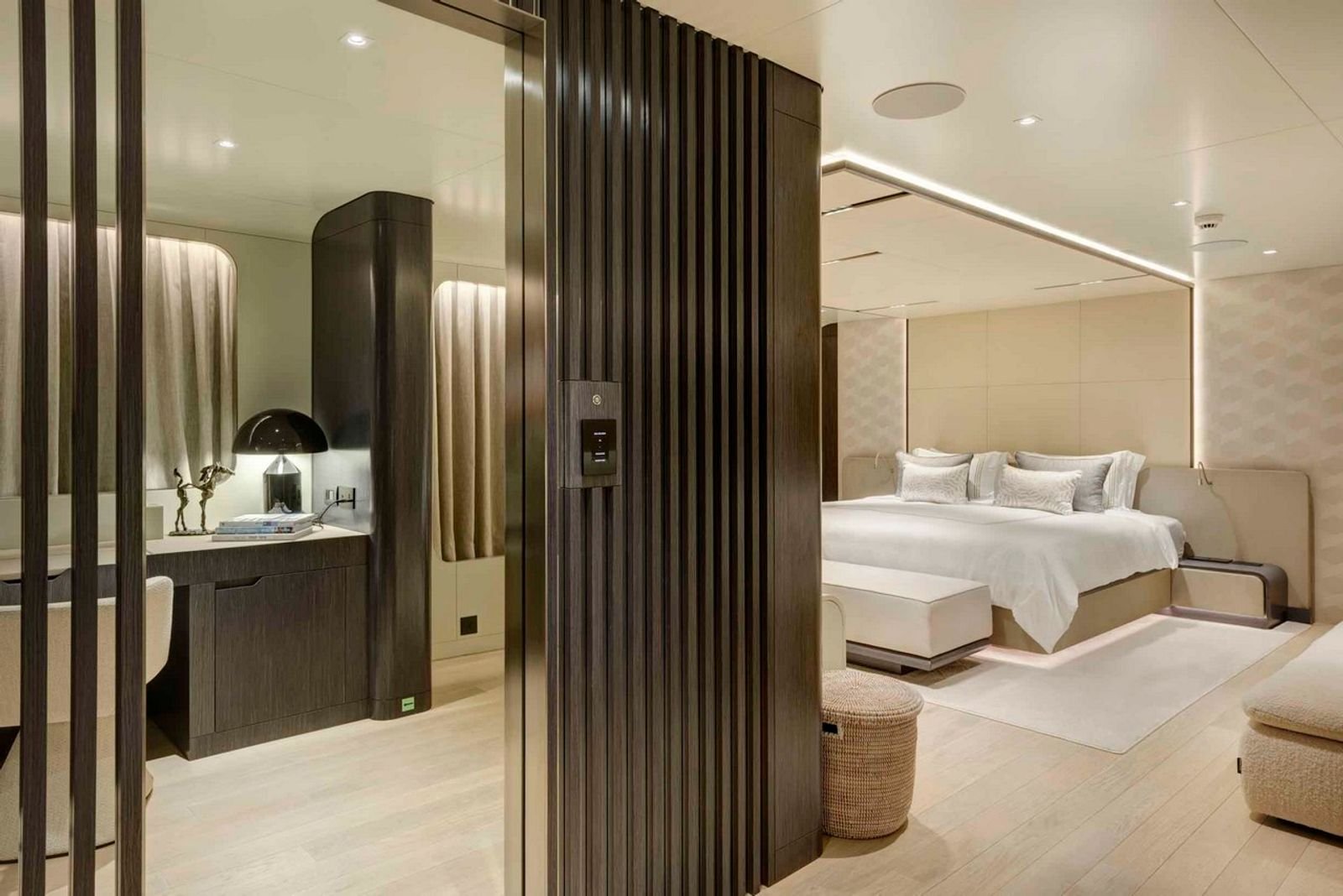 Master suite with private balcony aboard a 50m mega yacht charter in Bodrum