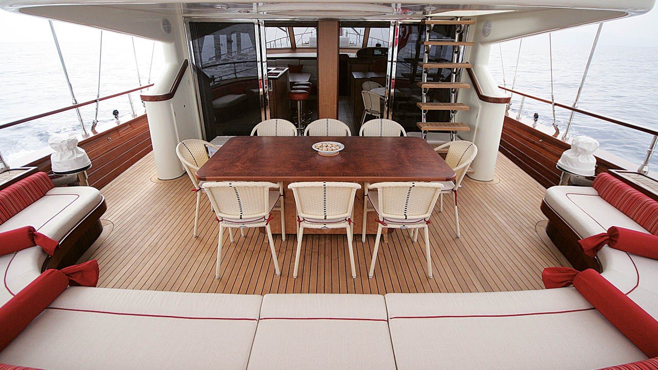 Aft deck dining table under the awning of a deluxe motor sailer in Gocek